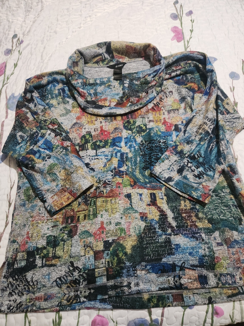 Ali Miles Abstract Village Brushed Knit Cowl Neck Multicolor Scenic-Print